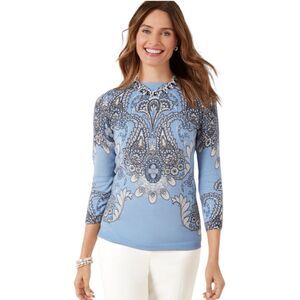 Talbots Audrey 100% Cashmere Sweater XL Blue Paisley Medallion